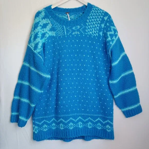 Free People Chunky Knit Sweater Blue Green Stripe Pullover Womens Medium - Picture 6 of 11